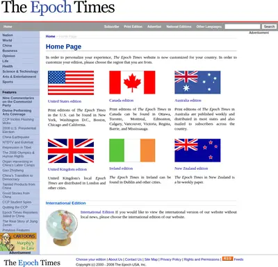Epoch Times startsida 2008