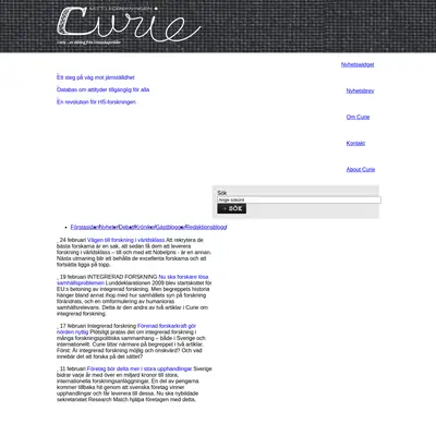 Tidningen Curie, www.tidningencurie.se startsida 2015