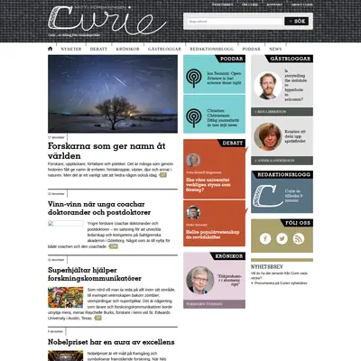 Tidningen Curie, www.tidningencurie.se startsida 2019