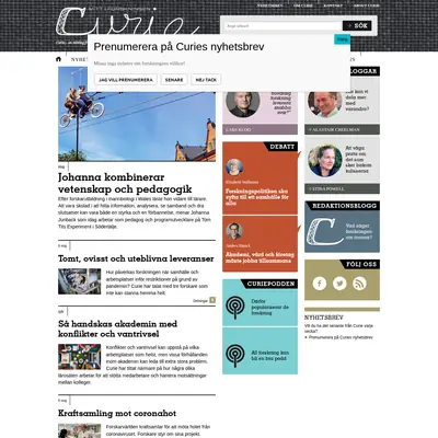 Tidningen Curie, www.tidningencurie.se startsida 2020