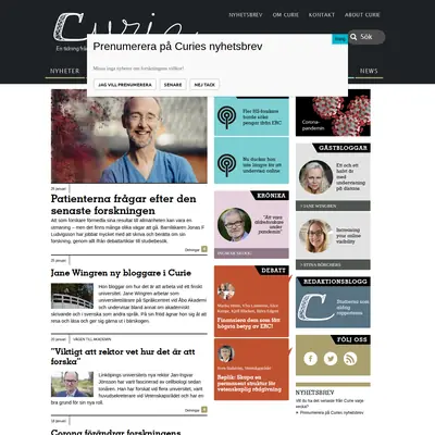 Tidningen Curie, www.tidningencurie.se startsida 2021