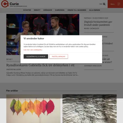 Tidningen Curie, www.tidningencurie.se startsida 2023