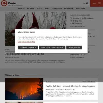 Tidningen Curie, www.tidningencurie.se startsida 2025
