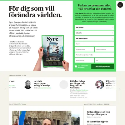 Syre, tidningensyre.se startsida 2016