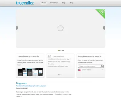 Truecaller.com startsida 2013