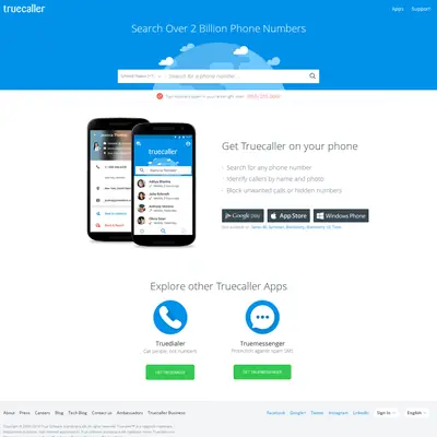Truecaller.com startsida 2016