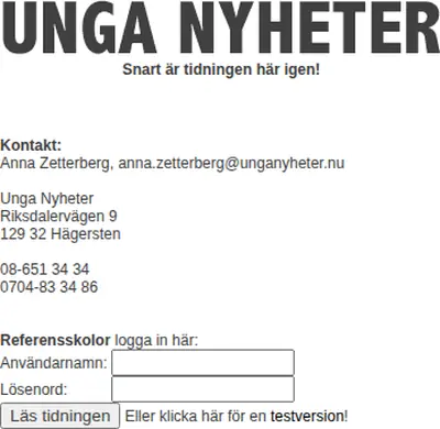 Unga Nyheter, www.unganyheter.se startsida 2002