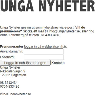 Unga Nyheter, www.unganyheter.se startsida 2003