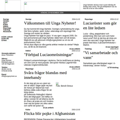 Unga Nyheter, www.unganyheter.se startsida 2004