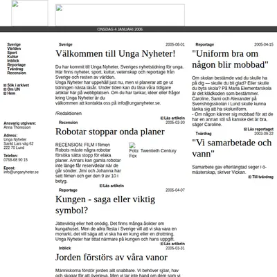 Unga Nyheter, www.unganyheter.se startsida 2006