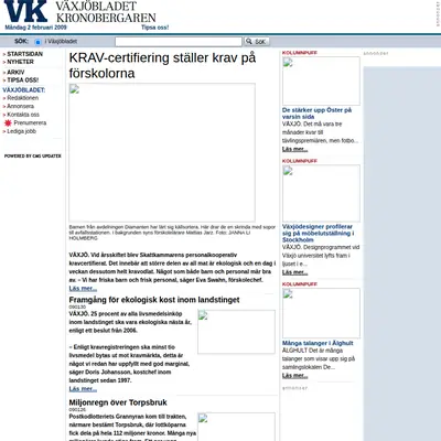 VK Växjöbladet/Kronobergaren startsida 2009