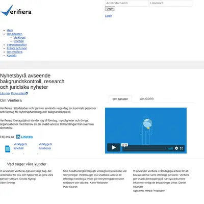 Verifiera, www.verifiera.se startsida 2020