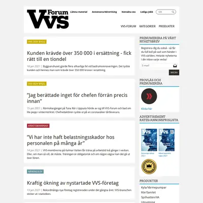 VVS-Forum, www.vvsforum.se startsida 2021