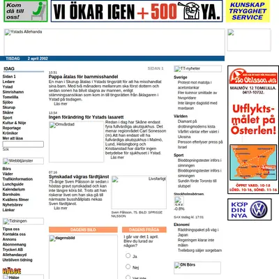 Ystads Allehanda (www.ystadsallehanda.se) startsida 2002