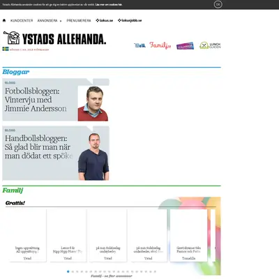 Ystads Allehanda (www.ystadsallehanda.se) startsida 2018