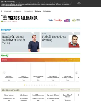 Ystads Allehanda (www.ystadsallehanda.se) startsida 2019
