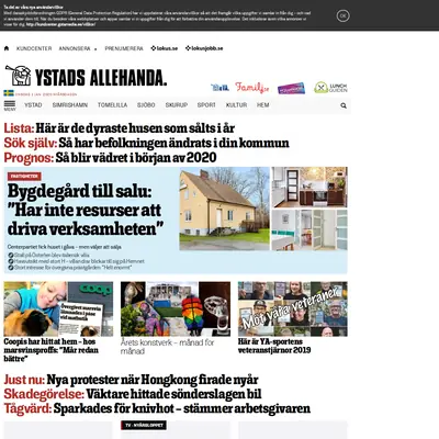 Ystads Allehanda (www.ystadsallehanda.se) startsida 2020
