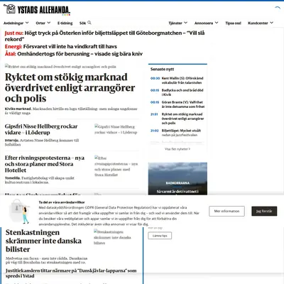 Ystads Allehanda (www.ystadsallehanda.se) startsida 2021