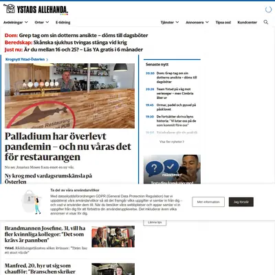 Ystads Allehanda (www.ystadsallehanda.se) startsida 2022