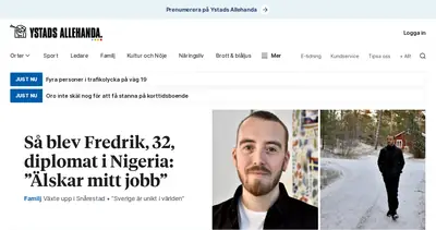 Ystads Allehanda (www.ystadsallehanda.se) startsida 2025