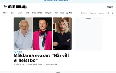 Ystads Allehanda (www.ystadsallehanda.se) startsida 2026